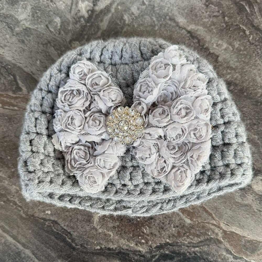 Handcrafted Gray Crochet Baby Beanie With Rosettes Bow and Rhinestone Center Hat